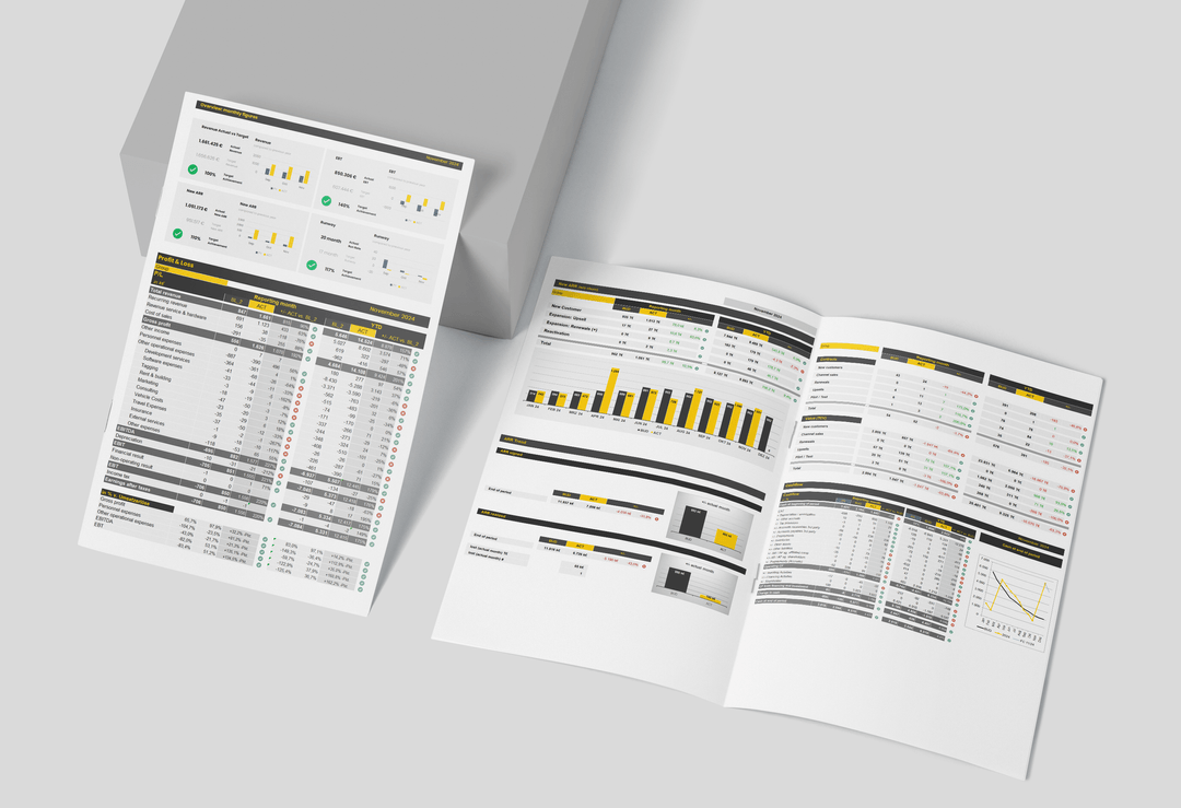 Ausschnitt aus einem monatlichen Reporting mit Diagrammen und Kennzahlen